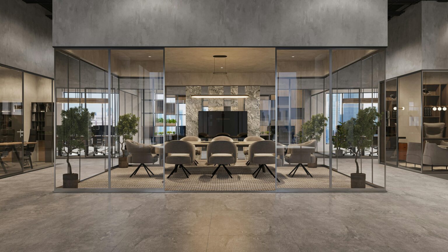 Modern kantoorinterieur met slimme kantoorinrichting voor organisatie, ergonomisch meubilair en natuurlijke verlichting