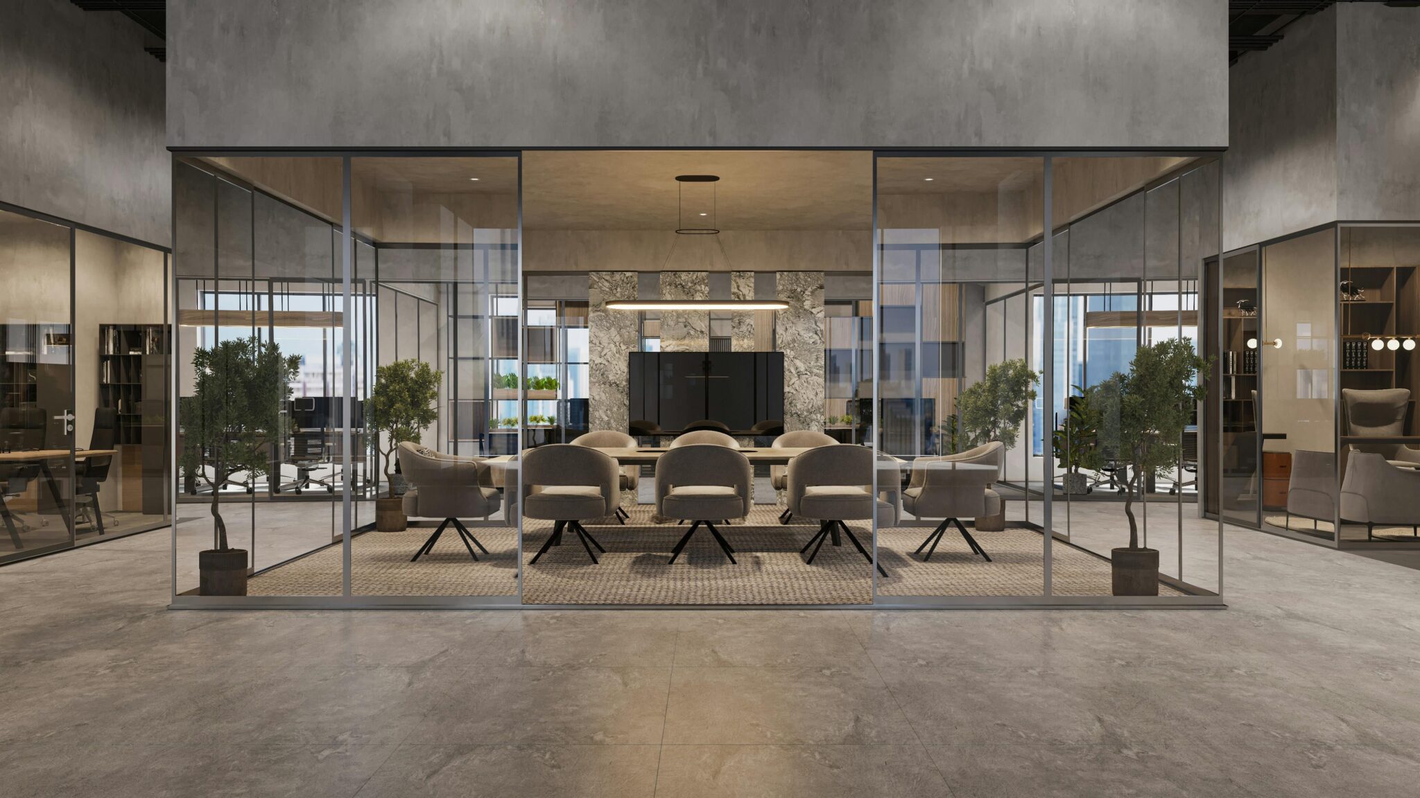 Modern kantoorinterieur met slimme kantoorinrichting voor organisatie, ergonomisch meubilair en natuurlijke verlichting